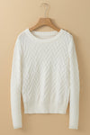 White Textured Knit Button Decor Pullover Sweater-Tops-MomFashion