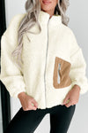 Bright White Contrast Patched Pocket Zipped Sherpa Jacket-Outerwear-MomFashion