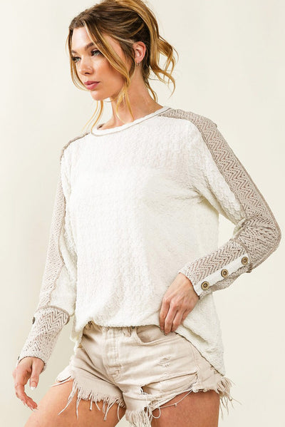 White Exposed Seam Textured Patch Buttoned Sleeve Top-Tops-MomFashion