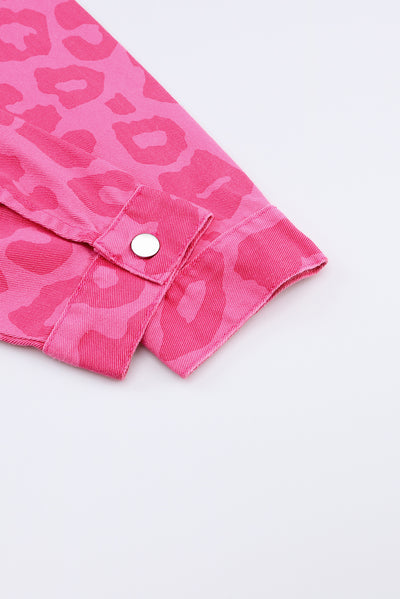 Pink Leopard Print Button Cuffs Raw Hem Jacket-Outerwear-MomFashion