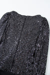 Black Sequin V Neck Zipped Long Sleeve Bodysuit-Tops-MomFashion