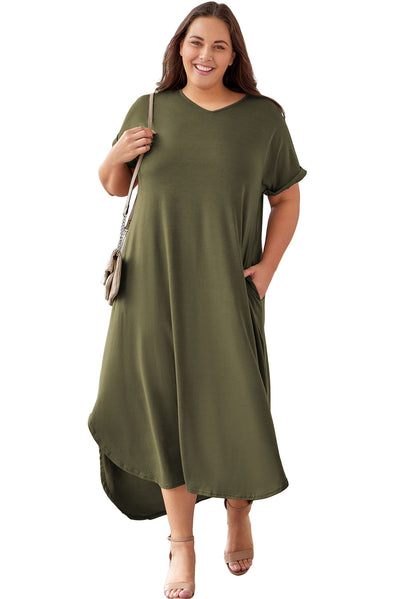 Green Plus Size V Neck Rolled Cuffs Maxi Dress-Plus Size-MomFashion