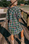 Green Oversized Plaid Half Sleeve Tunic Shirt-Tops-MomFashion