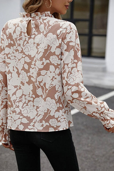 Light French Beige Floral Print Frilled Neckline Flounce Sleeve Blouse-Tops-MomFashion