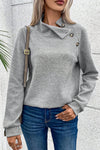 Gray Asymmetric Buttons Detail High Neck Textured Sweatshirt-Tops-MomFashion