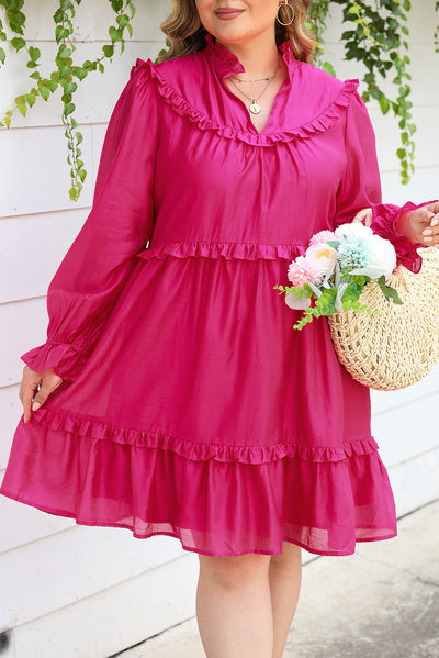 Rose Plus Size Ruffled Bubble Sleeve Dress-Plus Size-MomFashion