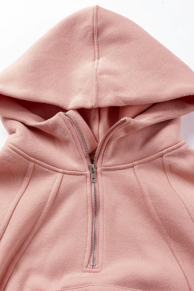 Pink Quarter Zip Kangaroo Pocket Hoodie-Tops-MomFashion