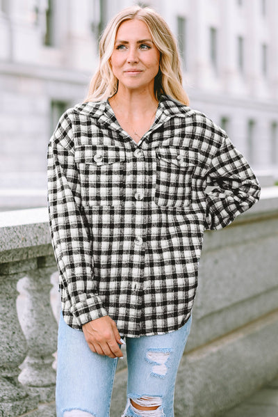 Black Plaid Print Chest Pockets Buttoned Tunic Shacket-Outerwear-MomFashion