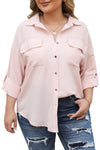 Pink Flap Pocket Tab Sleeve Button-Down Plus Size Shirt-Plus Size-MomFashion