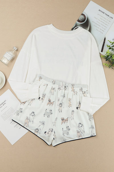 White Long Sleeve Letters Pullover and Animal Shorts Lounge Set-Loungewear-MomFashion