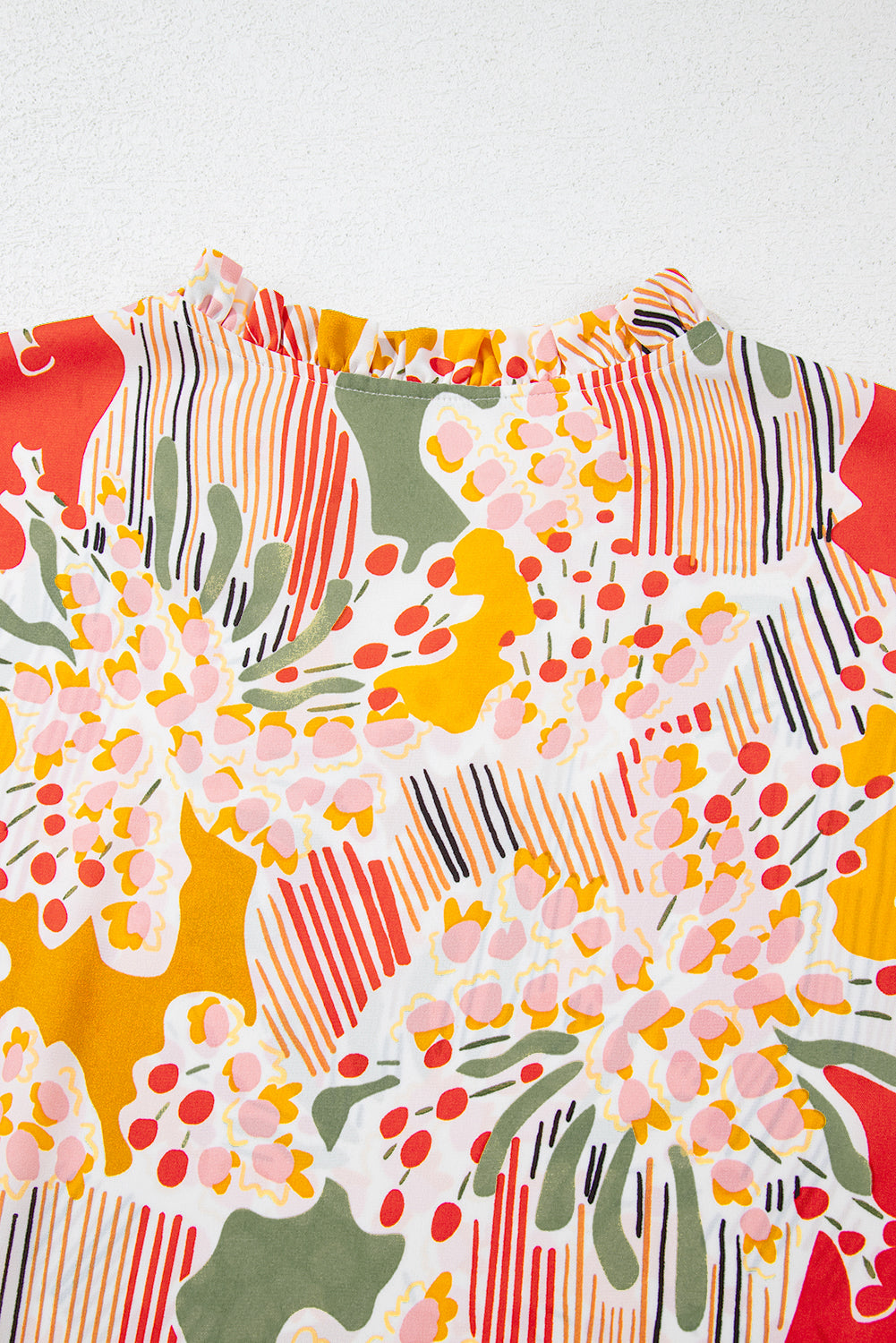 Orange Printed Floral Abstract Print Frilled V Neck Plus Size Blouse-Plus Size-MomFashion