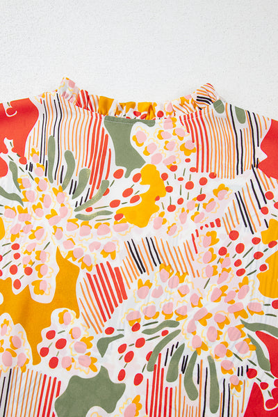 Orange Printed Floral Abstract Print Frilled V Neck Plus Size Blouse-Plus Size-MomFashion