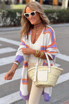 Beige Striped Long Sleeve Ribbed Trim Button Cardigan-Tops-MomFashion