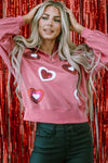 Pink Mineral Wash Sequin Heart Snap Buttons Collared Sweatshirt-Graphic-MomFashion