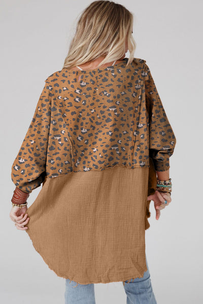 Brown Printed Raw Edge Leopard Patchwork Oversized Blouse-Tops-MomFashion