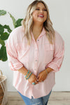 Pink Flap Pocket Tab Sleeve Button-Down Plus Size Shirt-Plus Size-MomFashion