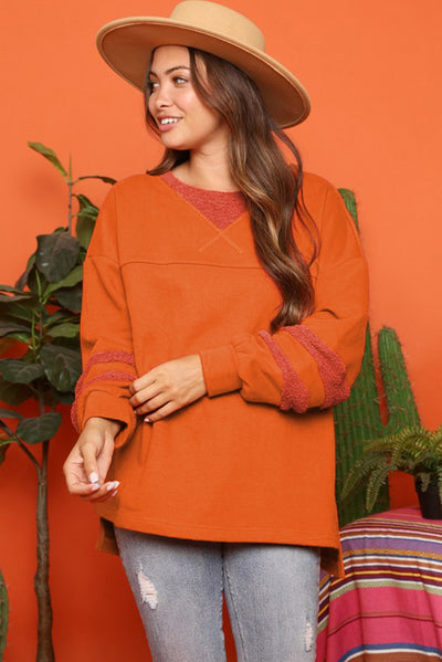 Carrot Fleece Patchwork Side Slits High Low Sweatshirt-Tops-MomFashion