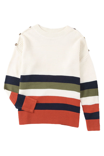 White Buttoned Shoulder Drop Shoulder Striped Sweater-Tops-MomFashion