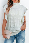 White Turtle Neck Short Sleeve Cable Knit Ruffled Sweater-Tops-MomFashion