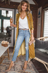 Yellow Velvet Open Front Pocketed Long Duster-Tops-MomFashion