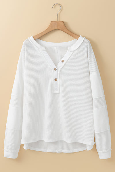 White Contrast Patched Exposed Seam Waffle Knit Henley Top-Tops-MomFashion