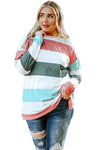 Green Plus Size Colorblock Pullover Top-Plus Size-MomFashion