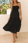 Black Tie Strap Smocked Frill Tiered Midi Dress-Dresses-MomFashion