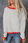 Gray Contrast Trimmed Striped Drop Shoulder Sweater-Tops-MomFashion