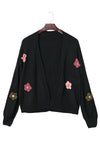 Black Floral Applique Drop Shoulder Bubble Sleeve Cardigan-Tops-MomFashion