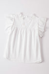 White Ruffle Accent Flutter Sleeve Notch Neck Top-Tops-MomFashion