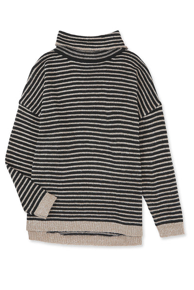 Black Striped Turtleneck Loose Sweater-Tops-MomFashion