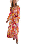 Multicolour Boho Floral Smocked Off Shoulder Puff Sleeve Maxi Dress-Dresses-MomFashion