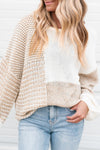 Oatmeal Mixed Pattern Knit Tie Keyhole Drop Shoulder Sweater-Tops-MomFashion