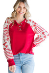 Fiery Red Heart Striped Raglan Sleeve Henley Top-Tops-MomFashion