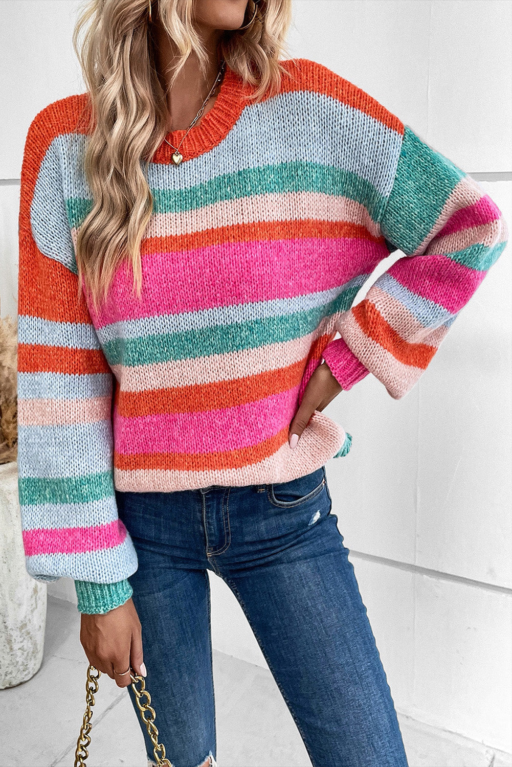 Multicolor Striped Knit Drop Shoulder Puff Sleeve Sweater-Tops-MomFashion