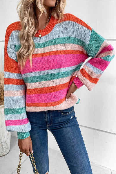 Multicolor Striped Knit Drop Shoulder Puff Sleeve Sweater-Tops-MomFashion