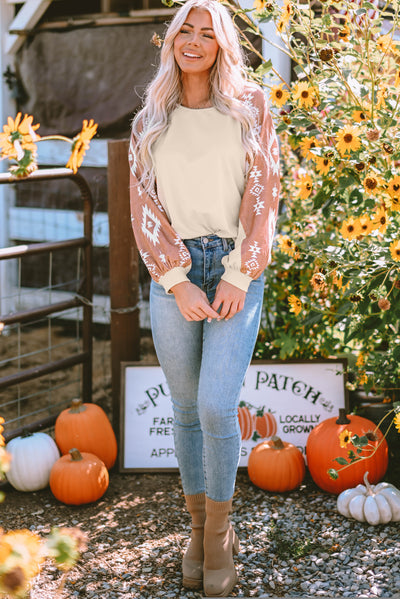 Apricot Western Print Patch Long Sleeve Top-Tops-MomFashion