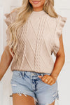 Parchment Cable Knit Mock Neck Cap Sleeve Sweater-Tops-MomFashion