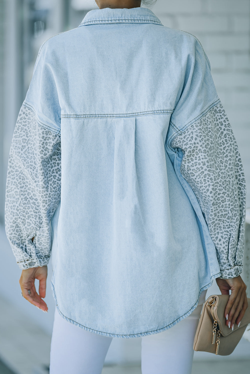 Sky Blue Contrast Leopard Denim Jacket-Outerwear-MomFashion