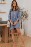 Sky Blue Buttoned Long Sleeve Denim Mini Dress-Dresses-MomFashion