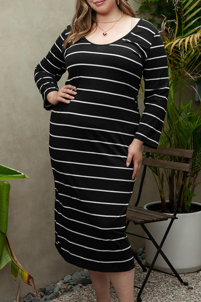 Black Plus Size Striped Loose Long Shift Dress-Plus Size-MomFashion