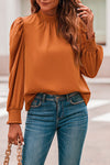 Orange Long Bubble Sleeve Mock Neck Chiffon Blouse-Tops-MomFashion