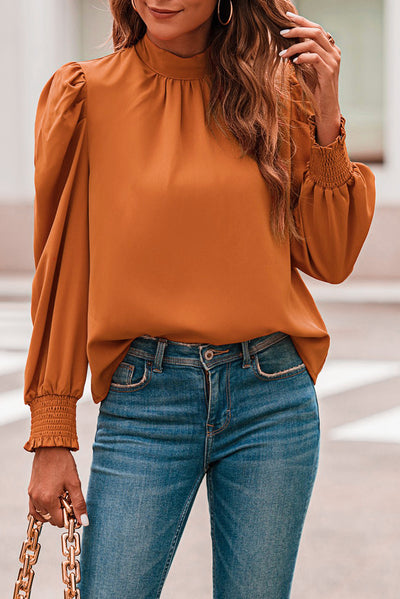 Orange Long Bubble Sleeve Mock Neck Chiffon Blouse-Tops-MomFashion