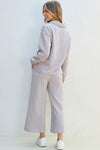 Light Grey Solid Textured Collared V Neck Top and Wide Leg Pants Set-Two Piece Sets/Pant Sets-MomFashion