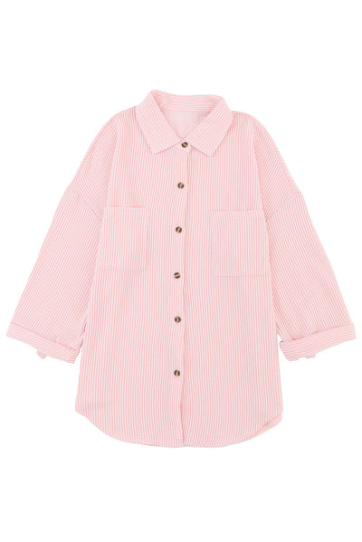 Pink Roll Tab Sleeve Ribbed Cording Shacket-Outerwear-MomFashion