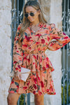 Red Frilled Collar Long Sleeve Floral Dress with Ruffle-Dresses-MomFashion