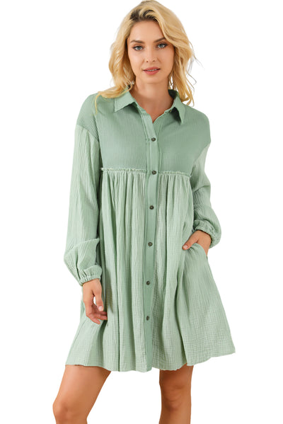 Green Patchwork Crinkle Puff Sleeve Shirt Dress-Dresses-MomFashion