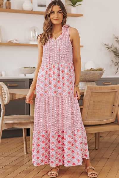 Pink Abstract Print Split Neck Sleeveless Maxi Dress-Dresses-MomFashion