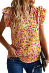 Yellow Floral Print Flutter Sleeve V Neck Tank Top-Tops-MomFashion