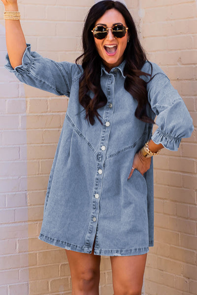 Sky Blue Buttoned Long Sleeve Denim Mini Dress-Dresses-MomFashion